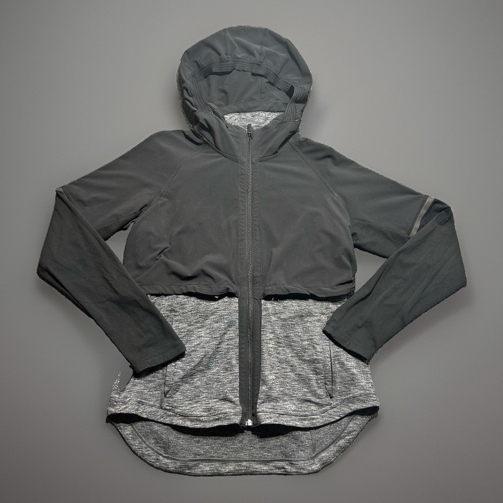 Athleta Hanover Hybrid Full Zip Jacket Womens Medium M Black Heather Gray Hooded